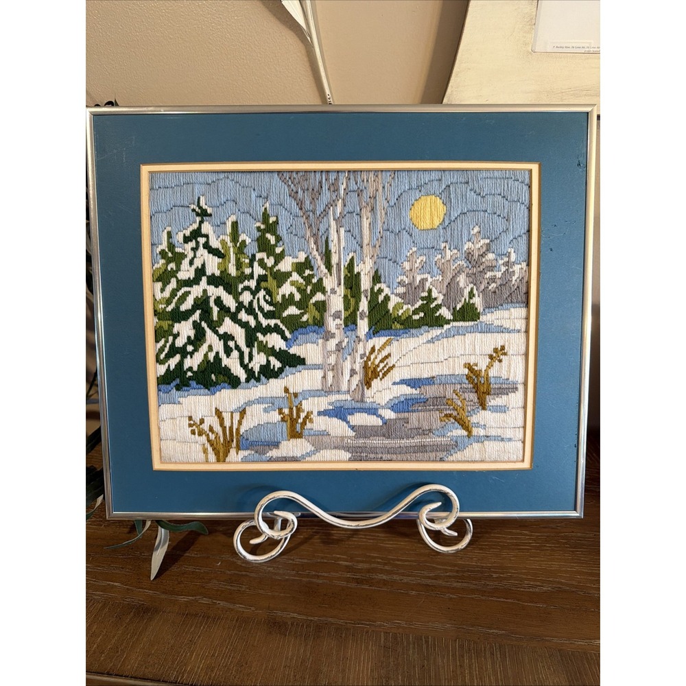 Large Original Hand Stitched Yarn Picture Framed Winter Forest Maine Estate